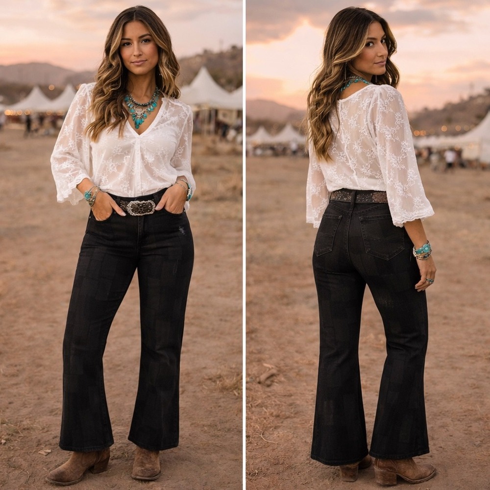 Rock & Roll Cowgirl Western Black Patchwork Denim High Rise Flare Jeans W30 L34